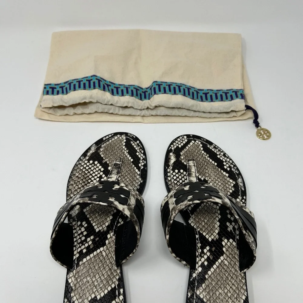 EUC Tory Burch Leigh Black/Gray Snakeskin Double T Thong Sandals Size 9 Preppy!